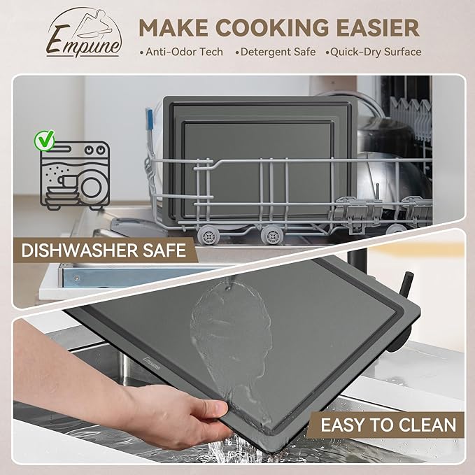 Empune Plastic Cutting Board Set, Recycled Plastic Cutting Boards for Kitchen (Set of 3), Dishwasher Safe Large Chopping Board with Holder, Non-slip Feet and Juice Grooves, Nonporous, Grey
