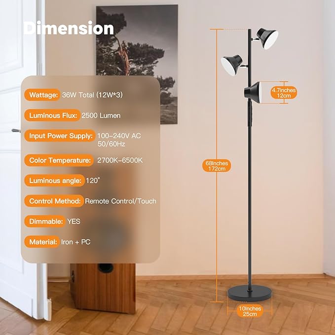 LED Floor Lamp, 36W Modern Floor Lamp with Remote & Touch Control, 4 Color Temperatures, Standing Lamp with 3 Rotatable Lights, Floor Lamps for Living Room, Bedroom, Office