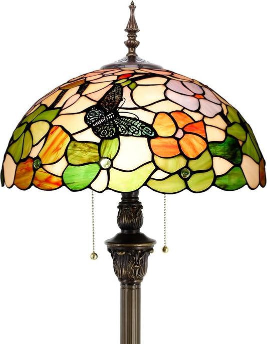 Tiffany Floor Lamp Stained Glass Lamp Standing Reading Light 16x16x70 Inch for Living Room (Butterfly Flowers)