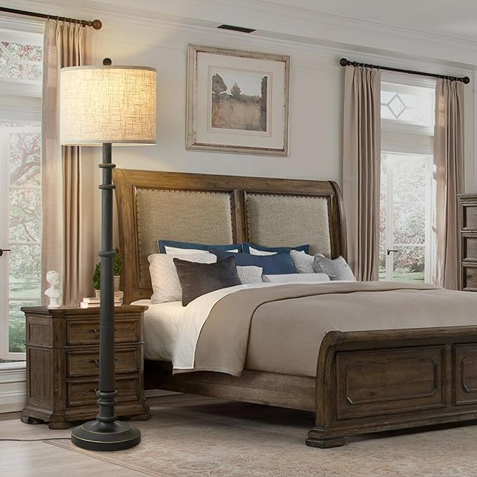 Floor Lamps for Living Room - 60" Resin Farmhouse Floor Lamp with 3 Color Temperatures - Vintage Standing Lamp Reading Light with Linen Shade Retro Tall Lamp for Bedroom Office, Black