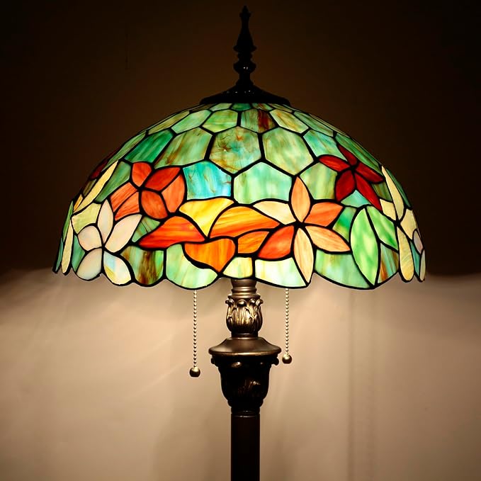 Tiffany Floor Lamp Stained Glass Lamp Standing Reading Light 16x16x70 Inch for Living Room (Red Green Flowers)