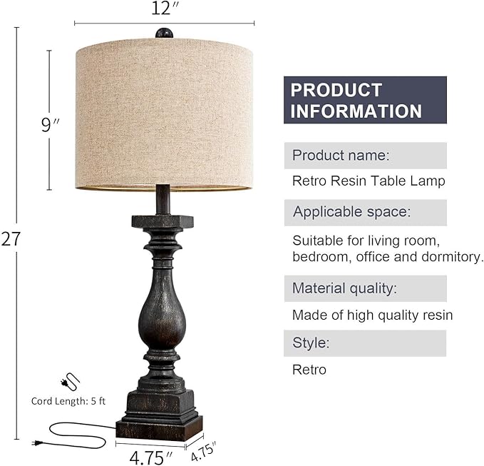 BOBOMOMO Retro 27" USB Charging Ports A/C Farmhouse Single Lamps for Bedrooms Retro Side Table Lamps Bedside Lamp for Side Nightstand Living Room 1 Pack