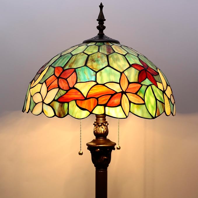 Tiffany Floor Lamp Stained Glass Lamp Standing Reading Light 16x16x70 Inch for Living Room (Red Green Flowers)