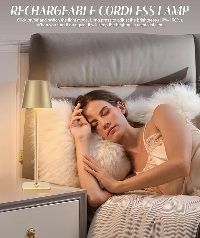 HASUN 2 Pack Rechargeable Table Lamp, LED Cordless Desk Lamp, 5200mAh Battery Operated Table Light, Aluminum Shell, 3 Color Stepless Dimming Up Waterproof for Coffee Table/Indoor/Outdoor (Gold)