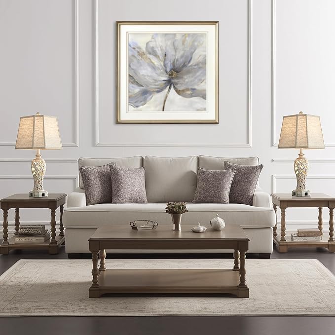 Set of 2 Rustic Table Lamps for Living Room Bedroom, Farmhouse Vintage Nightstand Lamp with 2 USB Ports, Hollow Out Resin Lamp for End Table with Nightlight, Bulbs Included (Wash White)