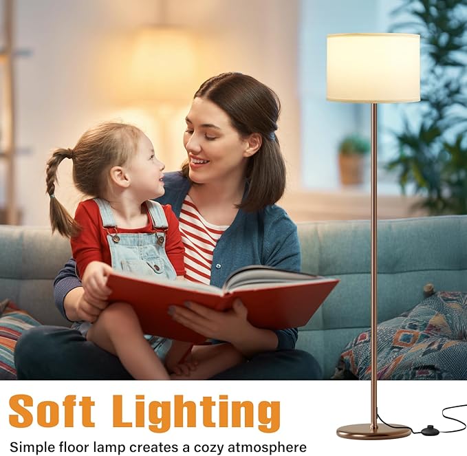 Ambimall 60'' Modern Floor Lamp with Shade, Tall Lamps for Living Room, Bedroom, Office, Dining Room, White Shade with Brown Pole(Without Bulb)