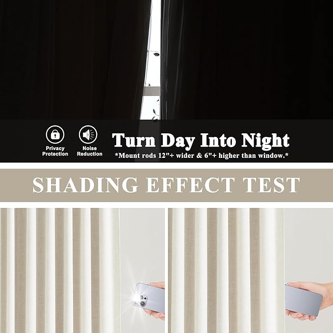 Vision Home Natural Pinch Pleated Full Blackout Curtains Linen Blended Room Darkening Window Curtains 108 inch for Living Room Bedroom Thermal Insulated Pinch Pleat Drapes with Hooks 40" Wx108 Lx2