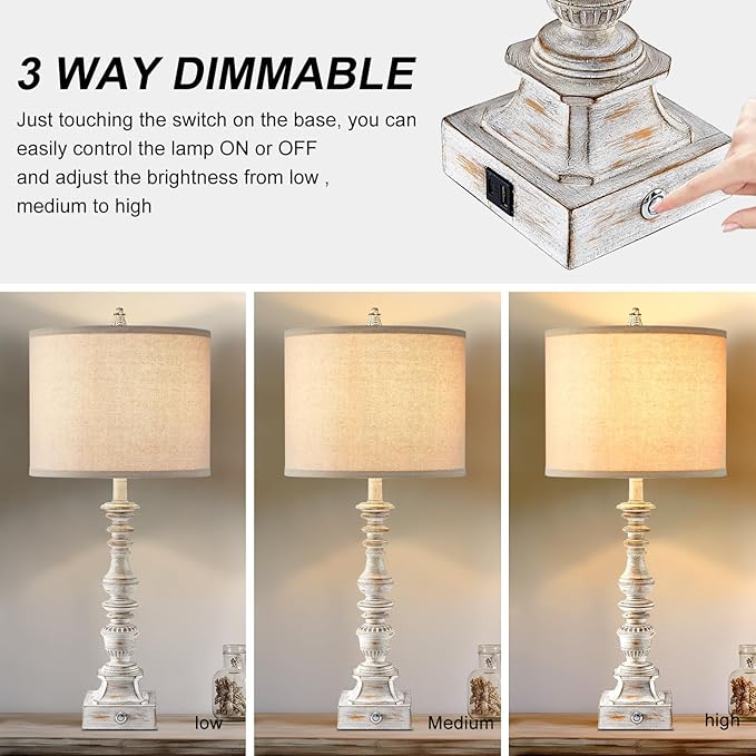 Farmhouse Table Lamps for Bedroom Set of 2 Vintage 3-Way Dimmable Touch Control Nightstand Lamps, Bedside Lamps for Living Room, Traditional Nightstand Lamp End Table lamps 28.5" (Bulbs Included)