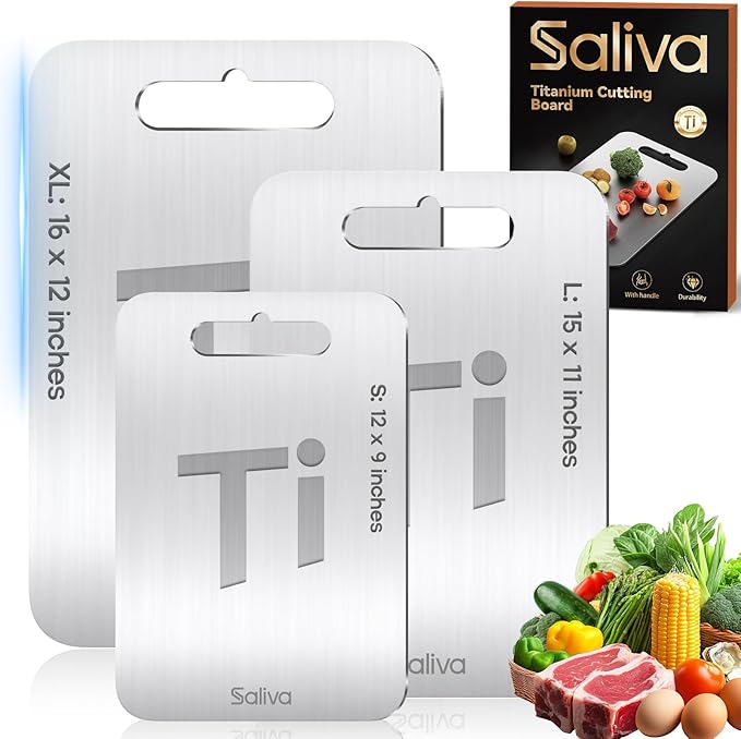 Saliva 3pcs Titanium Cutting Boards for Kitchen, Titanium Cutting Board Set of 3, Non Toxic Double Sided Food Grade, Dishwasher Safe, No Blunt Knife, Chopping Boards with Handle for Meat & Vegetable