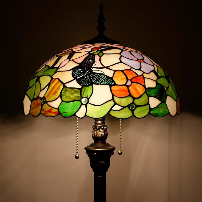 Tiffany Floor Lamp Stained Glass Lamp Standing Reading Light 16x16x70 Inch for Living Room (Butterfly Flowers)