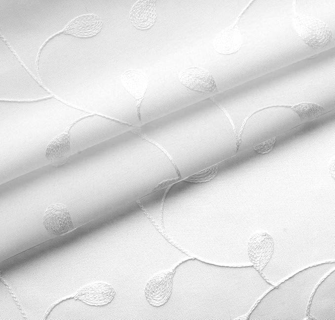 MIUCO Floral Embroidered Semi Sheer Curtains Faux Linen Grommet Window Curtains for Bedroom Living Room 95 Inches Long 2 Panels, Pure White