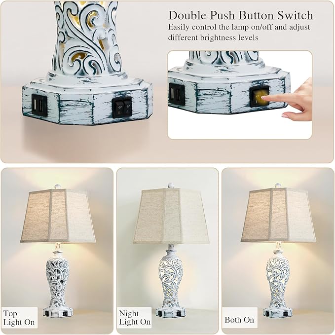 25'' Farmhouse Table Lamps Set of 2 for Living Room Bedroom, 2 USB Ports Rustic Vintage Nightstand Table Lamp with Nightlight, Hollow Out Resin Lamp for End Table (Bulbs Included)