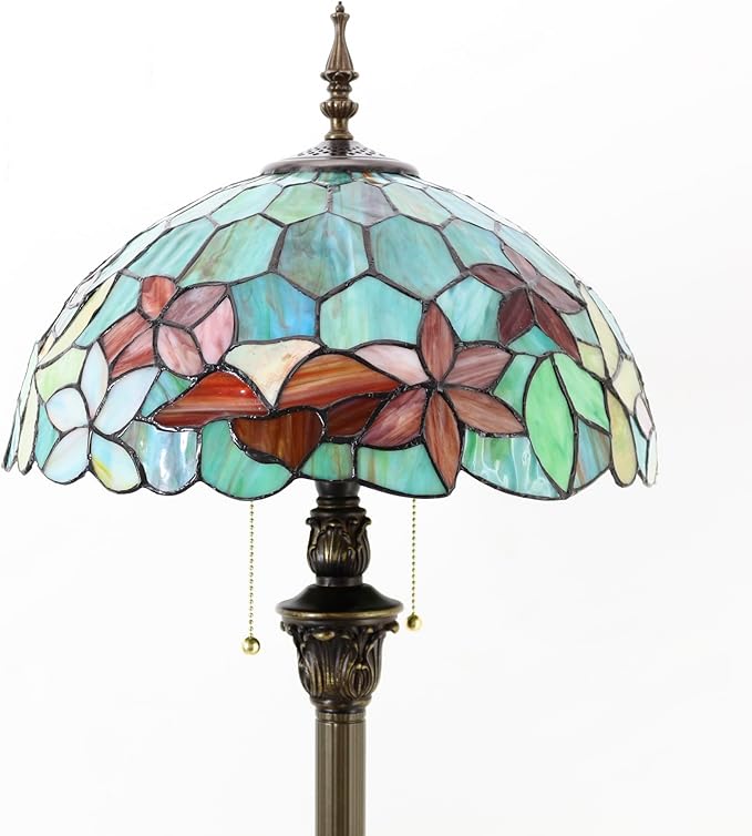 Tiffany Floor Lamp Stained Glass Lamp Standing Reading Light 16x16x70 Inch for Living Room (Red Green Flowers)