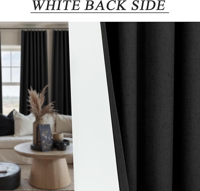 Black Boho Curtains for Bedroom 90 Inches Long Sound Proof Blackout Linen Window Treatment Drapes Double Full Total Light Blocking Floor to Ceiling Curtains for Dining Room 90 Length 2 Panel Back Tab