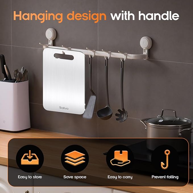 Saliva 3pcs Titanium Cutting Boards for Kitchen, Titanium Cutting Board Set of 3, Non Toxic Double Sided Food Grade, Dishwasher Safe, No Blunt Knife, Chopping Boards with Handle for Meat & Vegetable