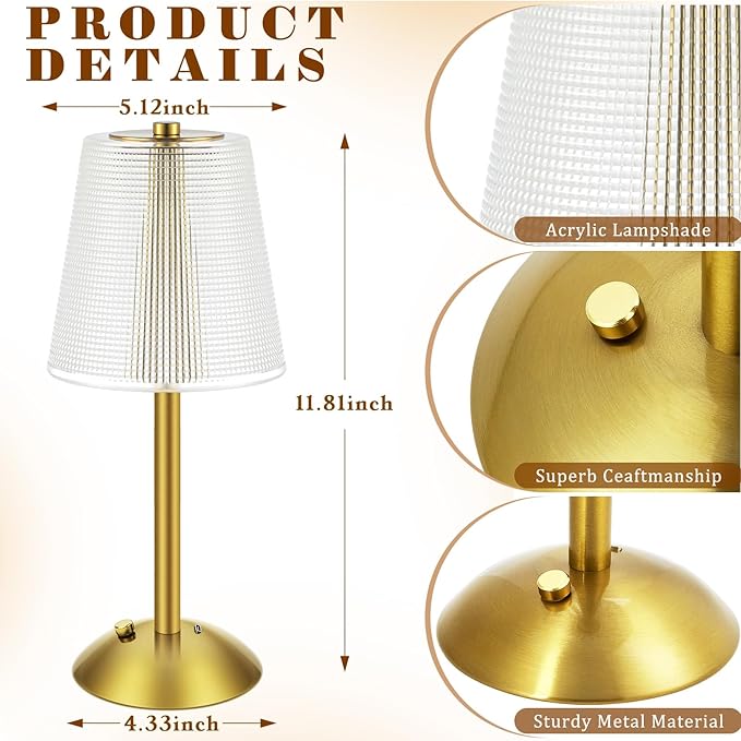 Liliful 2 Pcs LED Portable Cordless Table Lamp Touch Battery Operated Rechargeable Desk Lamp 3 Color Dimmable for Bedroom Living Room Dining (Retro Style,Gold)