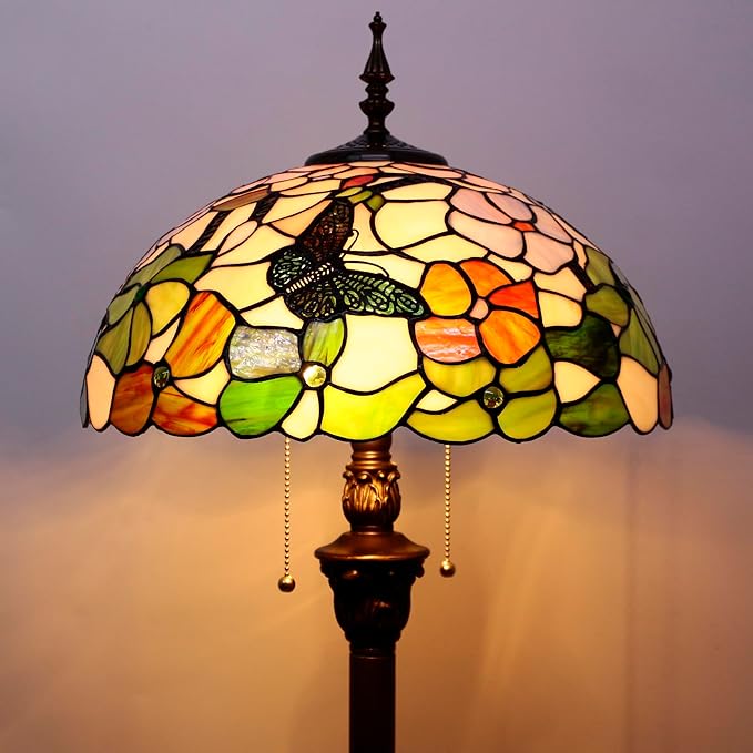 Tiffany Floor Lamp Stained Glass Lamp Standing Reading Light 16x16x70 Inch for Living Room (Butterfly Flowers)