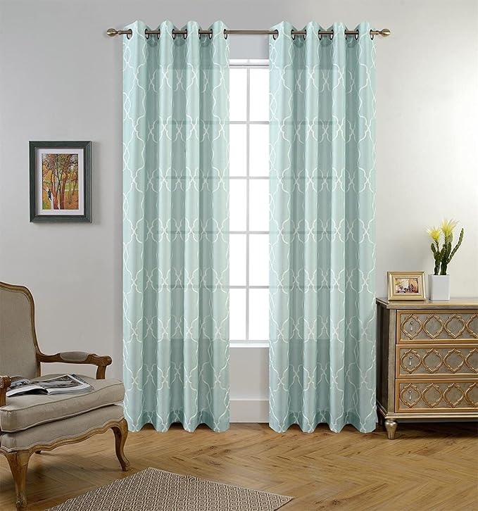 MIUCO Moroccan Embroidery Semi Sheer Curtains Faux Linen Grommet Panels for Living Room 52 x 84 Inch 2 Panels Set, Subtle Green