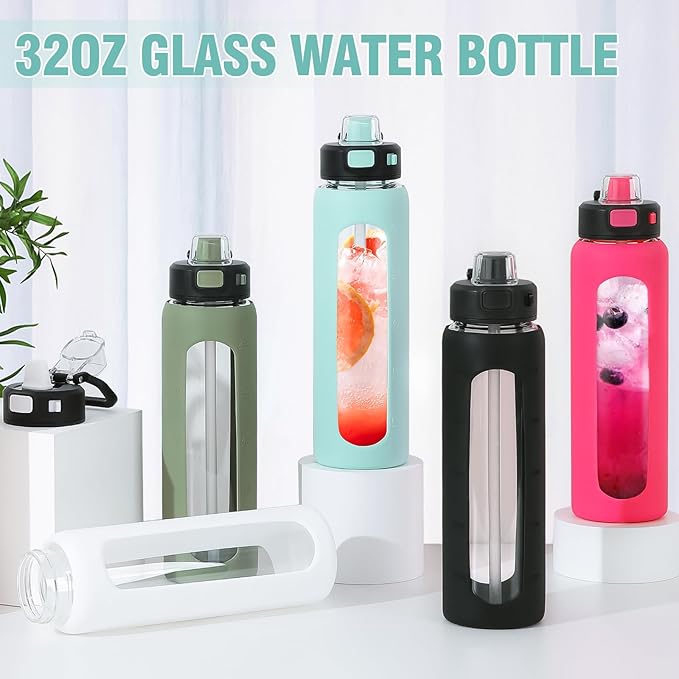 Kodrine Water Bottle with Soft Straw and Carry Loop, 32 oz Glass Water Bottle with Locking Lid, Clear Water Bottles Sports, Drinking Bottle for Travel Home Gym, Leakproof(Light Blue)