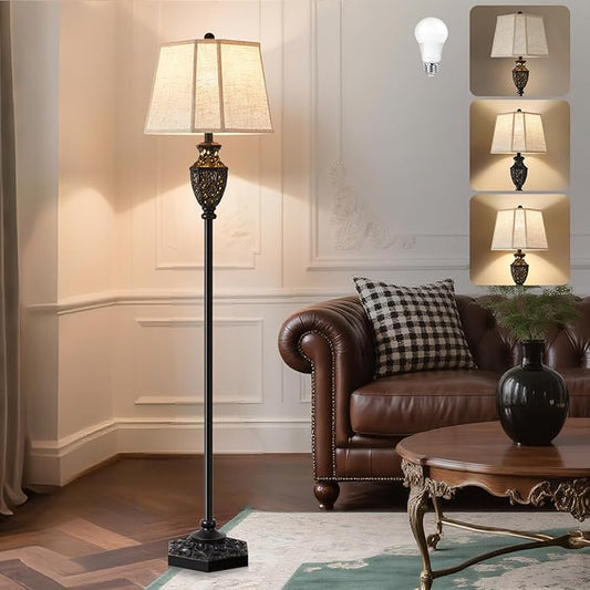 Luvkczc Vintage Black Floor Lamp - Hand-Painted Gold Resin with 6-Sided Carved Hollow Nightlight, Traditional Standing Lamp for Living Room, Bedroom, Study (Bulb Included)