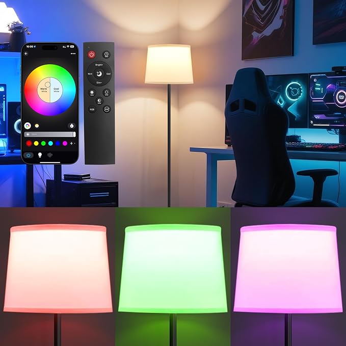 Floor Lamp for Living Room Bedroom,Modern Floor Lamp with Remote, Simple Design with White Shade,Foot Pedal Switch,Dimmable Colors Temperature,9W RGB LED Bulb