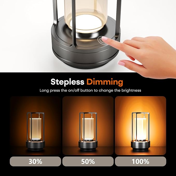 Portable Metal Table Lamp for Indoor/Outdoor ,Rechargeable Cordless LED Lamp, 3-Colour Infinitely Dimming Battery Powered Small Desk Lamp, Restaurant/Bedroom/Bar/Coffee/Camping Light (Grey Set of 2)