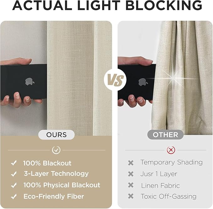 Joydeco Pinch Pleated Linen Curtains Darkening Drapes for Bedroom, 100% Blackout Drapes 96 inches Long 2 Panels Heat Blocking Curtains(Bleached Sand,40'' Wx96'' L)
