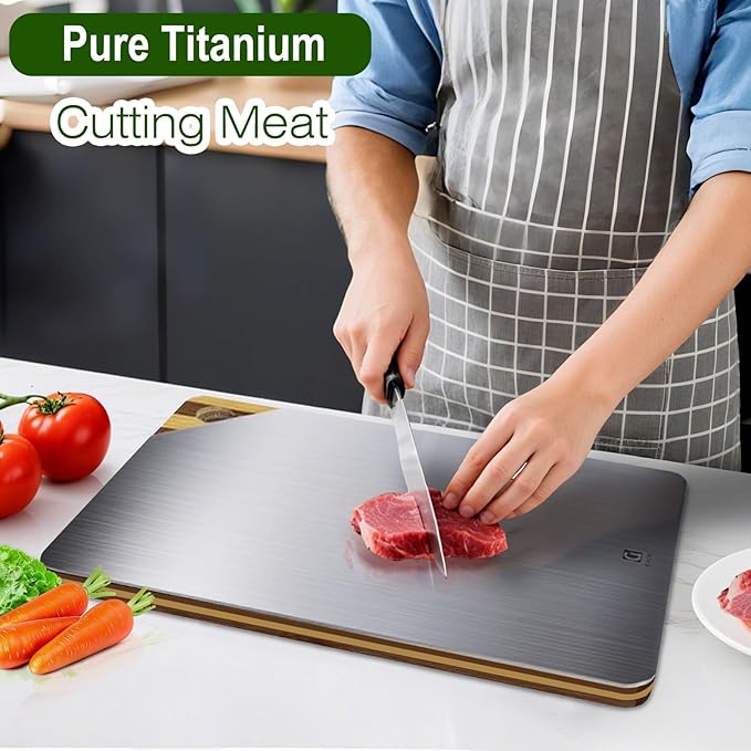 Titanium Cutting Board for Kitchen, Cutting Board Double Sided Food Grade, Pure Titanium and Natural Bamboo, with Deep Juice Grooves, Large Size 15.6”×11”
