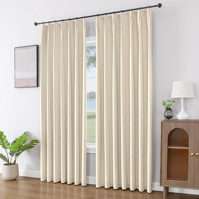 Joydeco Pinch Pleated Linen Curtains for Living Room, 100% Blackout Curtains 84 inches Long 2 Panel Thermal Insulated Pinch Pleat Drapes(Bleached Sand,40'' Wx84'' L)