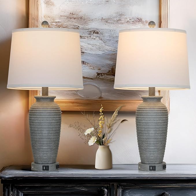 25" Grey Vintage Table Lamp Set of 2 Farmhouse Jar Table Lamps for Living Room，Touch Bedside Lamps with USB A+C Ports & AC Outlet, Pot Nightstand Lamps for Bedroom Living Room (LED Bulbs Included)