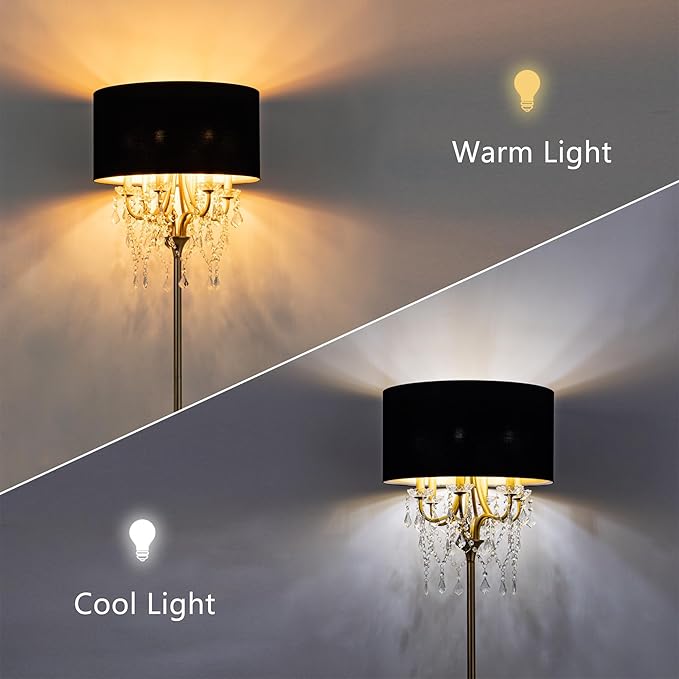 Wellmet Gold Crystal Drum Shade Floor Lamp, 6 Light Black Gold Shade, Candle Base for Living Room, Bedroom, Reading Room, Hallway, Corridor