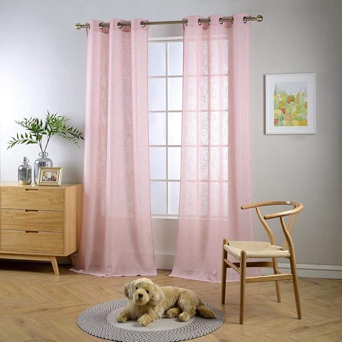 MIUCO Semi Sheer Curtains Poly Linen Textured Solid Grommet Curtains 95 Inches Long for Bedroom 2 Panels (2 x 37 Wide x 95" Long) Pink