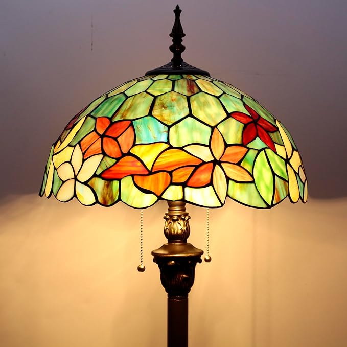 Tiffany Floor Lamp Stained Glass Lamp Standing Reading Light 16x16x70 Inch for Living Room (Red Green Flowers)