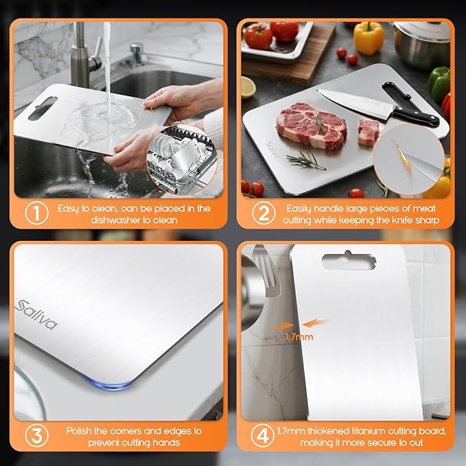 Saliva 3pcs Titanium Cutting Boards for Kitchen, Titanium Cutting Board Set of 3, Non Toxic Double Sided Food Grade, Dishwasher Safe, No Blunt Knife, Chopping Boards with Handle for Meat & Vegetable