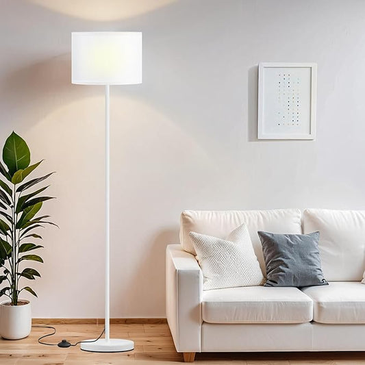 Ambimall 60'' Modern Floor Lamp with Shade, Tall Lamps for Living Room, Bedroom, Office, Dining Room, White Shade with White Pole(Without Bulb)