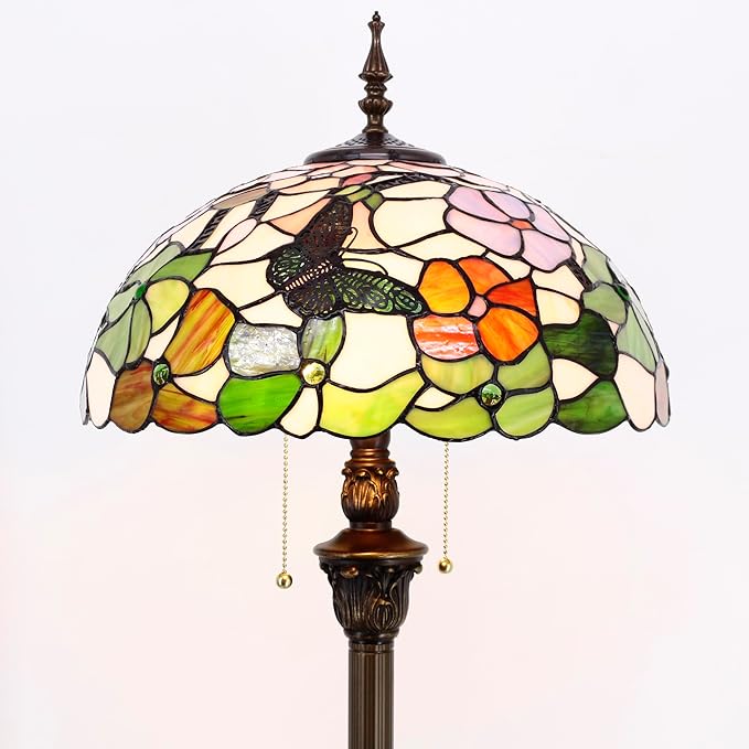 Tiffany Floor Lamp Stained Glass Lamp Standing Reading Light 16x16x70 Inch for Living Room (Butterfly Flowers)