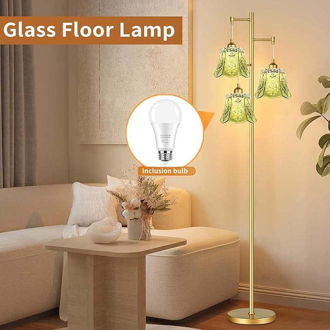 Gold Floor Lamp for Living Room,Bedroom,Tree 3 Light Standing Lamp Mid Century Modern Brass Tall Floor Lamps Vintage Retro Floor Lights Glass Green Flower Lamp Shade Farmhouse Boho Bohemian