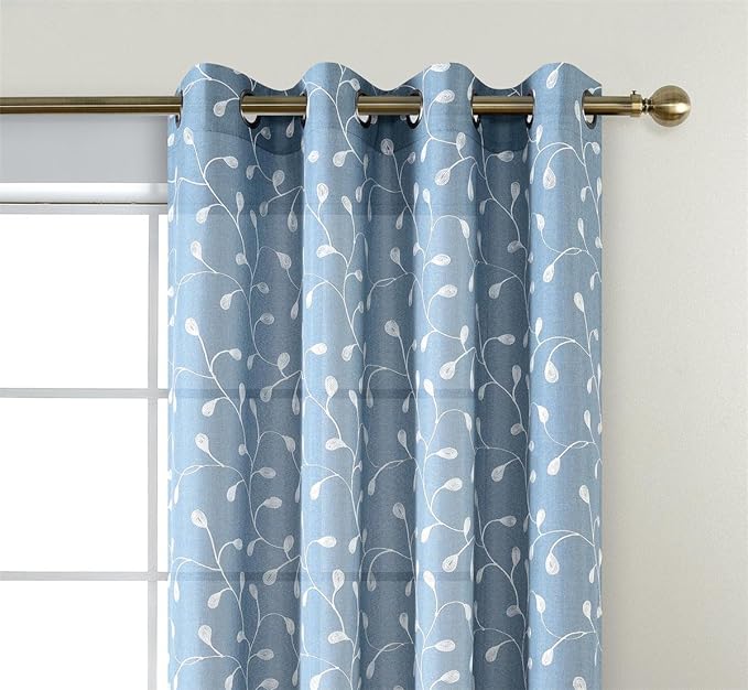 MIUCO Floral Embroidered Semi Sheer Curtains Faux Linen Grommet Window Curtain for Living Room 52 x 84 Inch 2 Panels, Dusty Blue