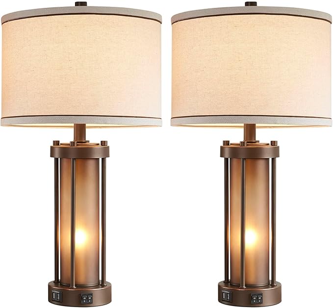 Set of 2 Farmhouse Table Lamps for Living Room with 2 USB Charging Ports, Vintage Rustic Nightstand Lamps with Amber Glass Nightlight, Retro Desk Lamps for Bedroom Entryway, 4 Bulbs Included (Brown)