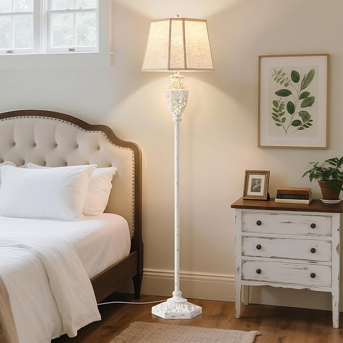 Luvkczc Rustic Floor Lamp - Resin Carved Base with Hollow Night Light, Farmhouse Cottage Decor, Vintage Standing Lamp for Living Room, Bedroom (Includes Bulb)