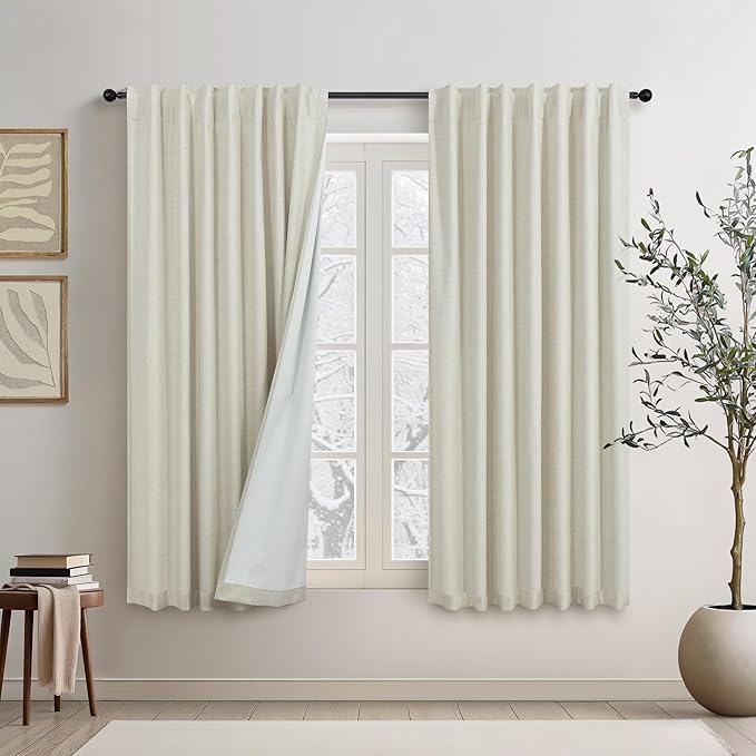 Short Linen Blackout Curtains for Bedroom 45 Inches Length 2 Panels Set Cafe Kitchen Bathroom Curtains for 42 Inch Small Window Light Blocking Thermal Insulated Drapes for Laundry Room Back Tab Beige