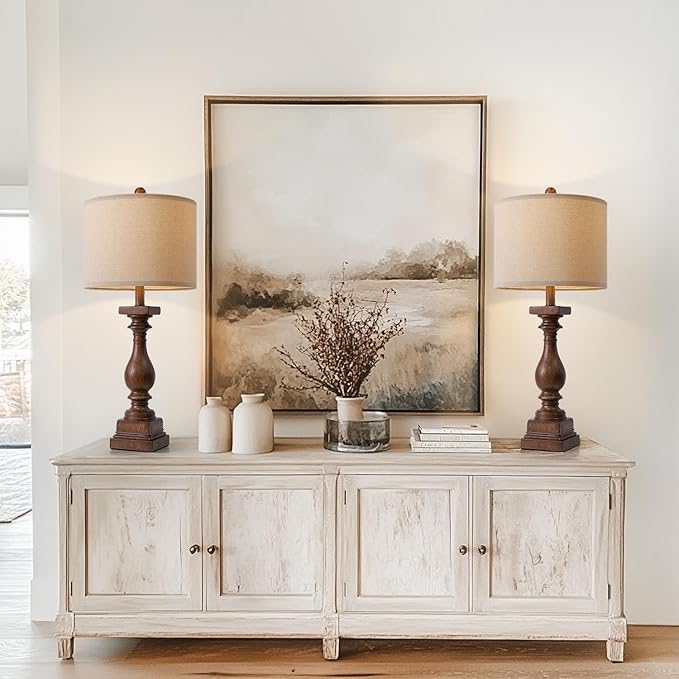 BOBOMOMO 27" Farmhouse Living Room Lamps with USB-A +C Ports, Vintage Rustic Bedside Night Stand Lamps Set of 2, Linen Shade, Retro Side Table Lamps for Living Room, Bedroom, Office, Home Decor