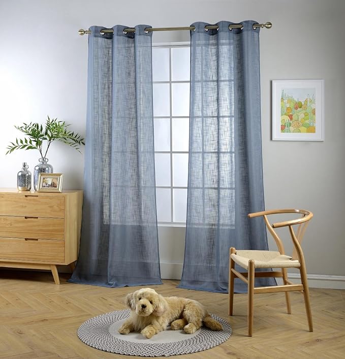 MIUCO Semi Sheer Curtains Poly Linen Textured Solid Grommet Curtains 84 Inches Long for Living Room 2 Panels (2 x 37 Wide x 84" Long) Dusty Blue