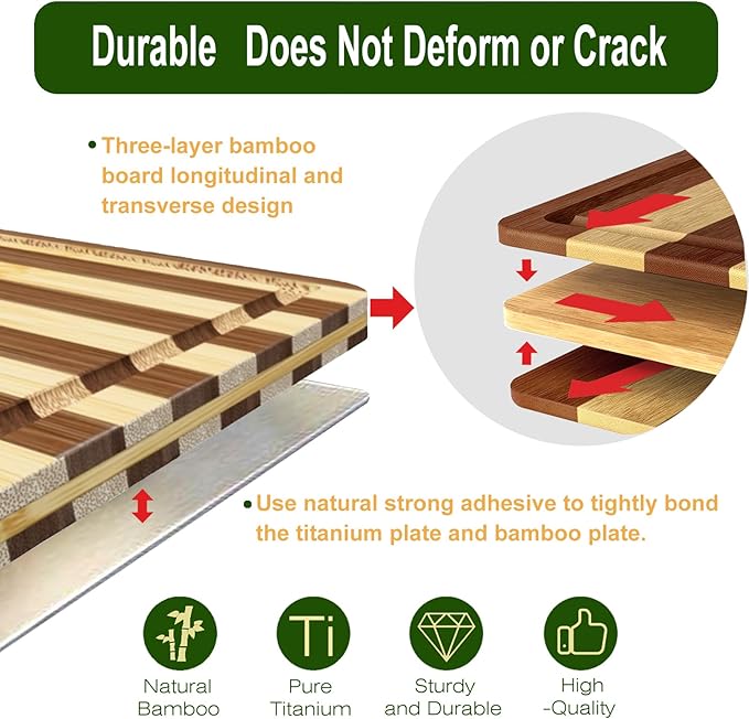 Titanium Cutting Board for Kitchen, Cutting Board Double Sided Food Grade, Pure Titanium and Natural Bamboo, with Deep Juice Grooves, Large Size 15.6”×11”