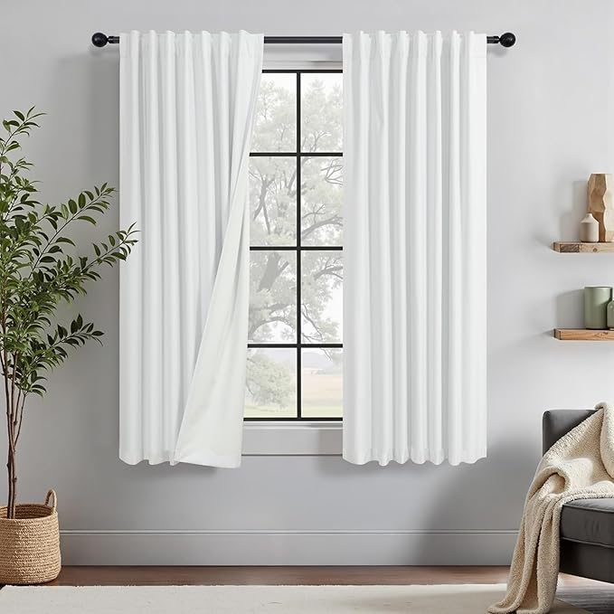 White Curtains 58 Inch Length for Bedroom 2 Panel Set Heat Full Light Blocking Drapes Short Window Blackout Linen Curtains for Kitchen Kids Room Thermal Insulated Living Room Window 58 Long Back Tab
