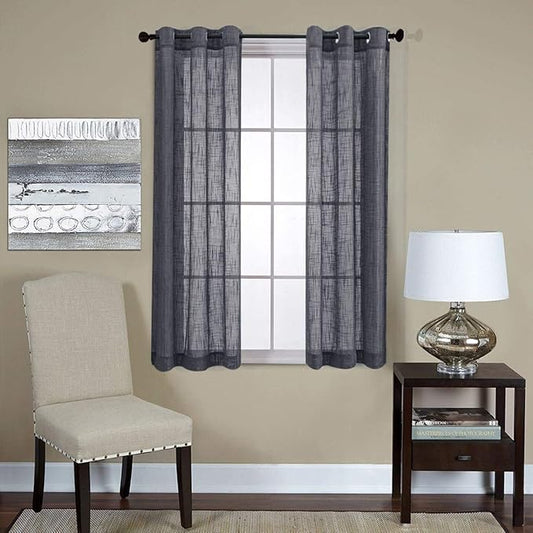 MIUCO Semi Sheer Curtains Poly Linen Textured Solid Grommet Curtains 63 Inches Long for Living Room 2 Panels (2 x 37 Wide x 63" Long) Charcoal Grey