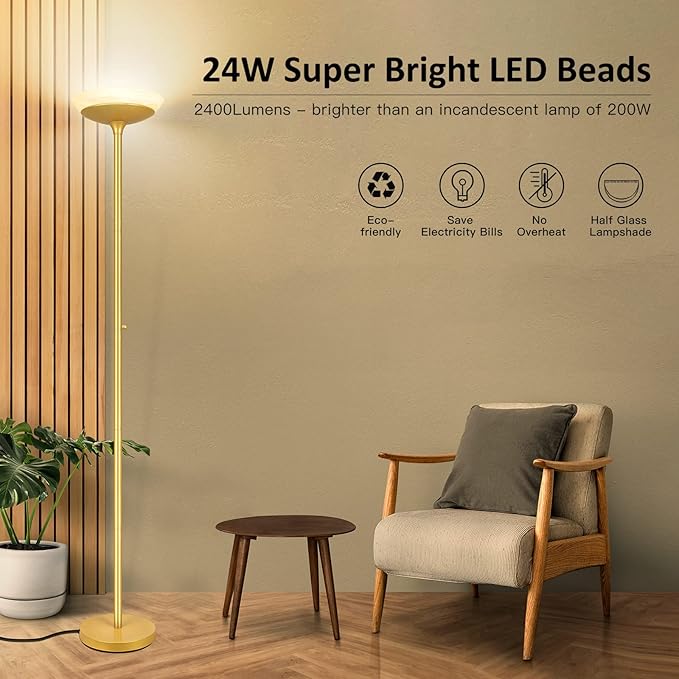 BoostArea Torchiere Floor Lamp, 24W Super Bright LED Standing Lamp, 3000K Stepless Dimmable Pole Lamp with Rotary Switch, 70 Inch Tall Metal Modern Floor Lamps for Living Room/Bedroom/Office/Den, Gold
