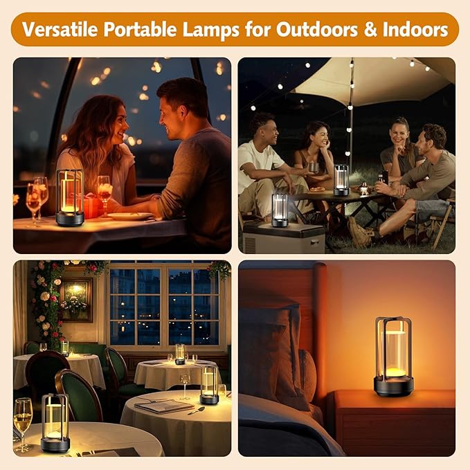 Portable Table Lamp for Outdoor Indoor: Cordless Rechargeable Desk Lamp with 3 Color Stepless Dimmable - Metal Battery Operated Small Lantern Light for Restaurant/Bedroom/Bar/Coffee Shop/Camping