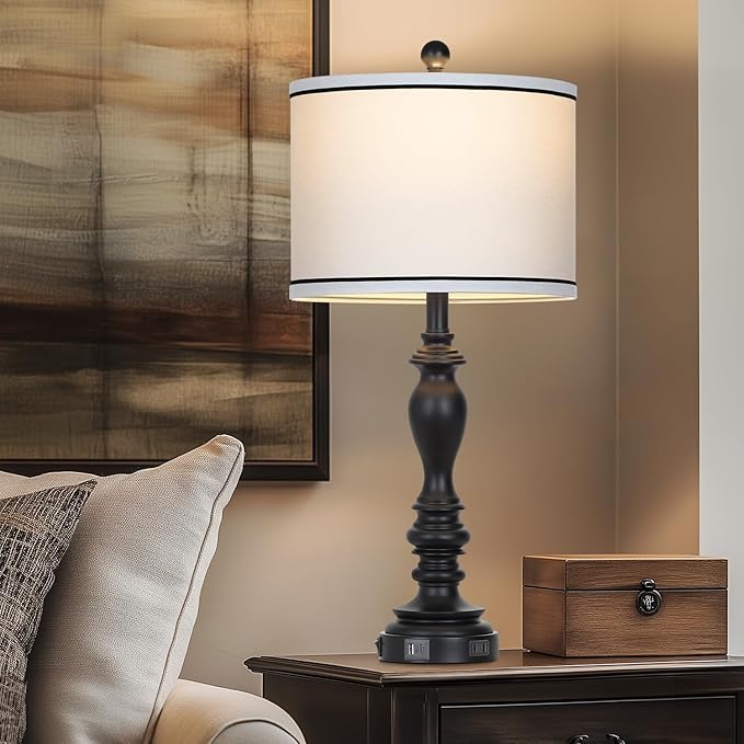 27.5" Farmhouse Table Lamp for Living Room, Black Lamps Set of 2 with USB A+C Ports, Mid Century Tall Table Lamp for Bedroom, Bedside Lamps for Night Stands(2 Bulbs Included)