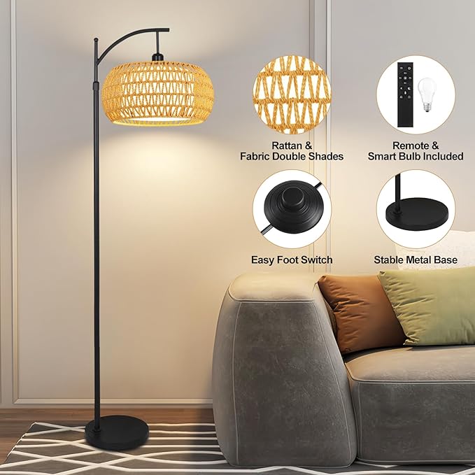 Arc Floor Lamps for Living Room Rattan Boho Floor Lamp with Remote Control,Dimmable LED Floor Lamp Wicker Lamp Shades Black Standing Lamp with 3 Color Temperature Tall Floor Lamps For Bedroom Corner